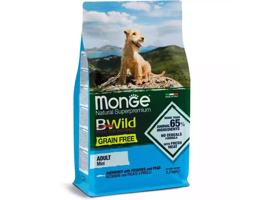 Фото - сухой корм Monge Dog BWild Grain Free Mini Adult Anchovies, Potatoes & Peas сухой беззерновой корм для собак мелких пород АНЧОУСЫ, КАРТОФЕЛЬ и ГОРОХ