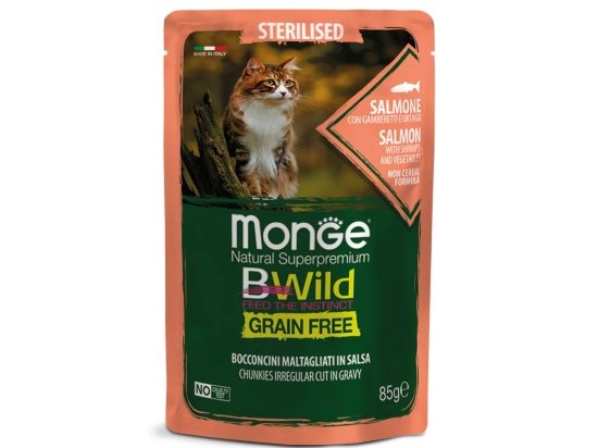 Фото - вологий корм (консерви) Monge Cat Bwild Grain Free Sterilised Salmon, Shrimps & Vegetables вологий корм для стерилізованих котів ЛОСОСЬ, КРЕВЕТКИ та ОВОЧІ, пауч