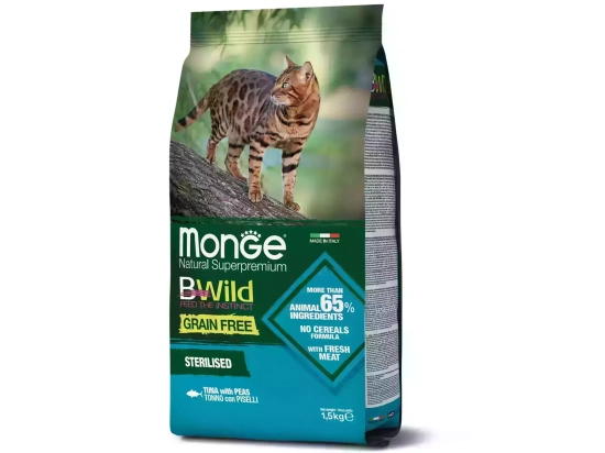 Фото - сухий корм Monge Cat BWild Grain Free Sterilised Tuna сухий беззерновий корм для стерилізованих котів ТУНЕЦЬ