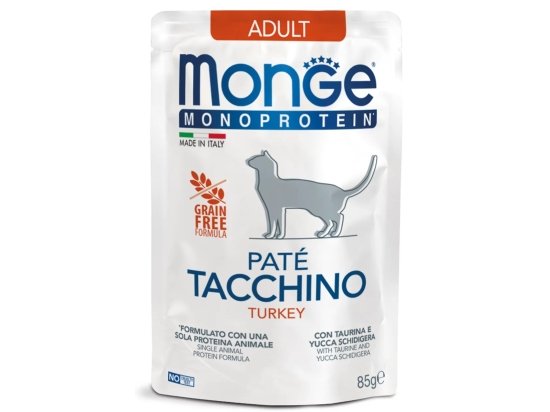 Фото - вологий корм (консерви) Monge Cat Monoprotein Adult Turkey монопротеїновий вологий корм для котів ІНДИЧКА, пауч
