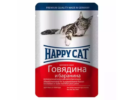 Фото - вологий корм (консерви) Happy Cat (Хепі Кет) BEEF & LAMB IN SAUCE вологий корм для котів шматочки в соусі ЯЛОВИЧИНА та БАРАНИНА