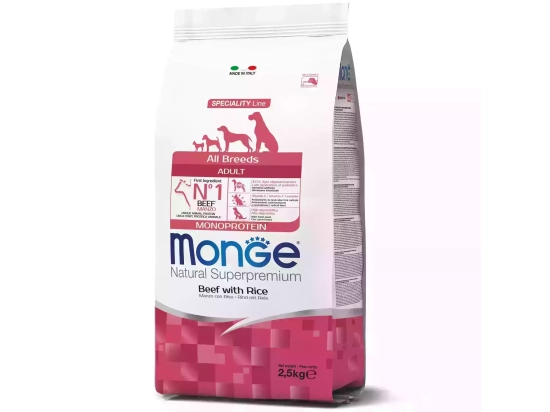 Фото - сухой корм Monge Dog Monoprotein Adult All Breeds Beef & Rice сухой монопротеиновый корм для собак всех пород ГОВЯДИНА и РИС