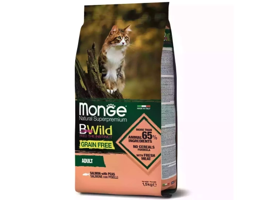 Фото - сухой корм Monge Cat BWild Grain Free Salmon & Peas сухой беззерновой корм для кошек ЛОСОСЬ и ГОРОХ