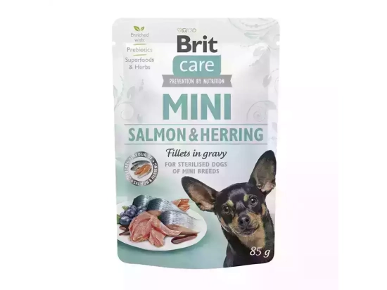 Фото - влажный корм (консервы) Brit Care Dog Sterilised Mini Fillets in Gravy Salmon & Herring консервы для стерилизованных собак мелких пород СЕЛЬДЬ И ЛОСОСЬ В СОУСЕ
