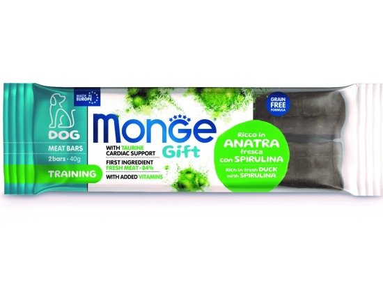 Фото - ласощі Monge Dog Gift Training Adult Dack & Spirulina ласощі для собак, фруктовий батончик для підтримки серця КАЧКА та СПІРУЛІНА