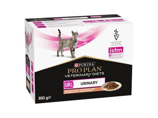 Фото - ветеринарные корма Purina Pro Plan (Пурина Про План) Veterinary Diets UR Urinary Salmon влажный лечебный корм для кошек для растворения струвитных камней ЛОСОСЬ