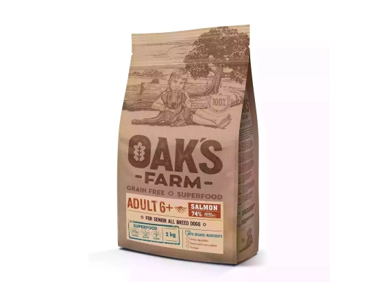 Фото - сухий корм Oak's Farm Salmon Adult 6+ All Breed беззерновий корм для собак всіх порід старше 6 років ЛОСОСЬ